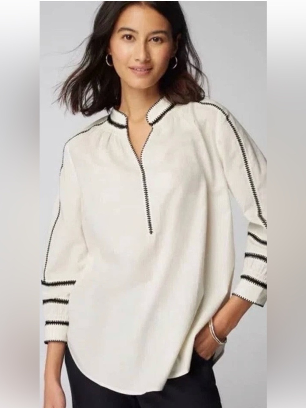 Pure Jill J.Jill White Black Embroidered Tunic Blouse Size SP